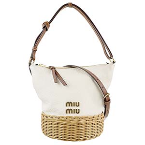 ミュウミュウ レザー ラタン アイボリー ベージュ カゴバッグ 2WAY ハンドバッグ
