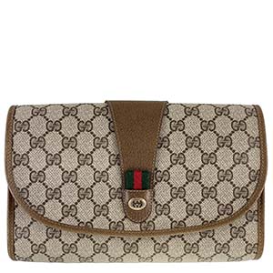 グッチ オールドグッチ シェリーライン PVC レザー ベージュ ブラウン クラッチバッグ