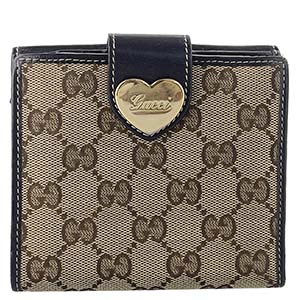 グッチ GGキャンバス ハート キャンバス レザー ベージュ ブラウン 二つ折り 財布