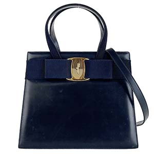 フェラガモ ヴァラ リボン レザー ネイビー 2WAY ハンドバッグ