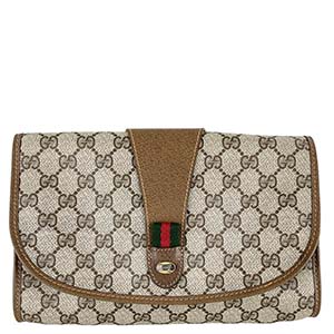 グッチ オールドグッチ シェリーライン PVC レザー ベージュ ブラウン クラッチバッグ