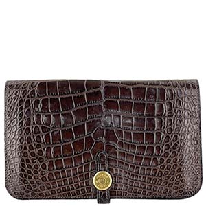エルメス ドゴンGM アリゲーター ブラウン 二つ折り 長財布