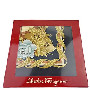 フェラガモ 花柄 鳥 シルク ネイビー ゴールド スカーフ