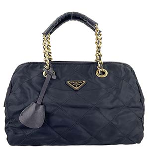 プラダ ナイロン キャンバス レザー ブラック キルティング チェーン ハンドバッグ